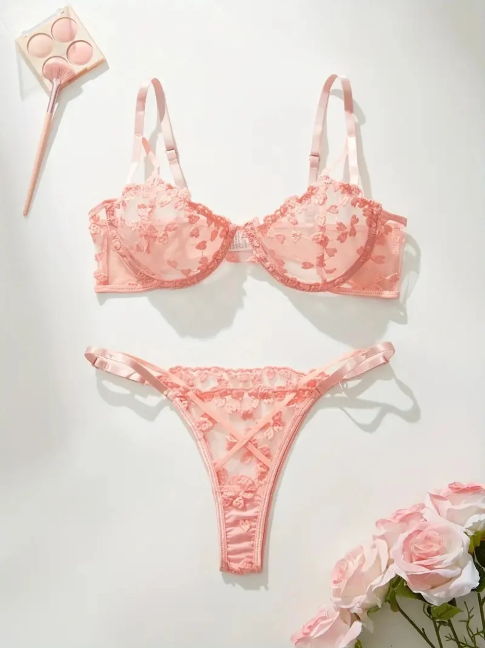Floral hearts pink embroidered sheer lingerie set